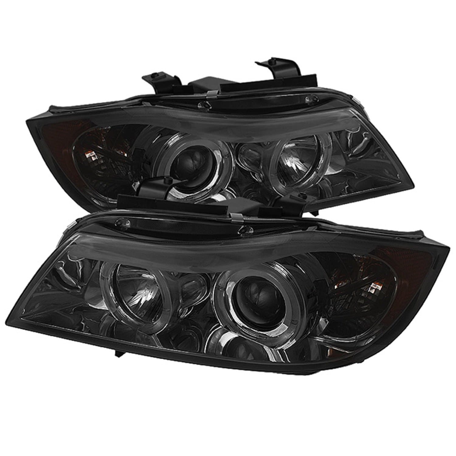 Spyder 5009029 BMW E90 3-Series 06-08 4DR Projector Headlights - LED Halo - Amber Reflector - Replaceable Eyebrow Bulb - Smoke- High H1 (Included) - Low H7 (Included)