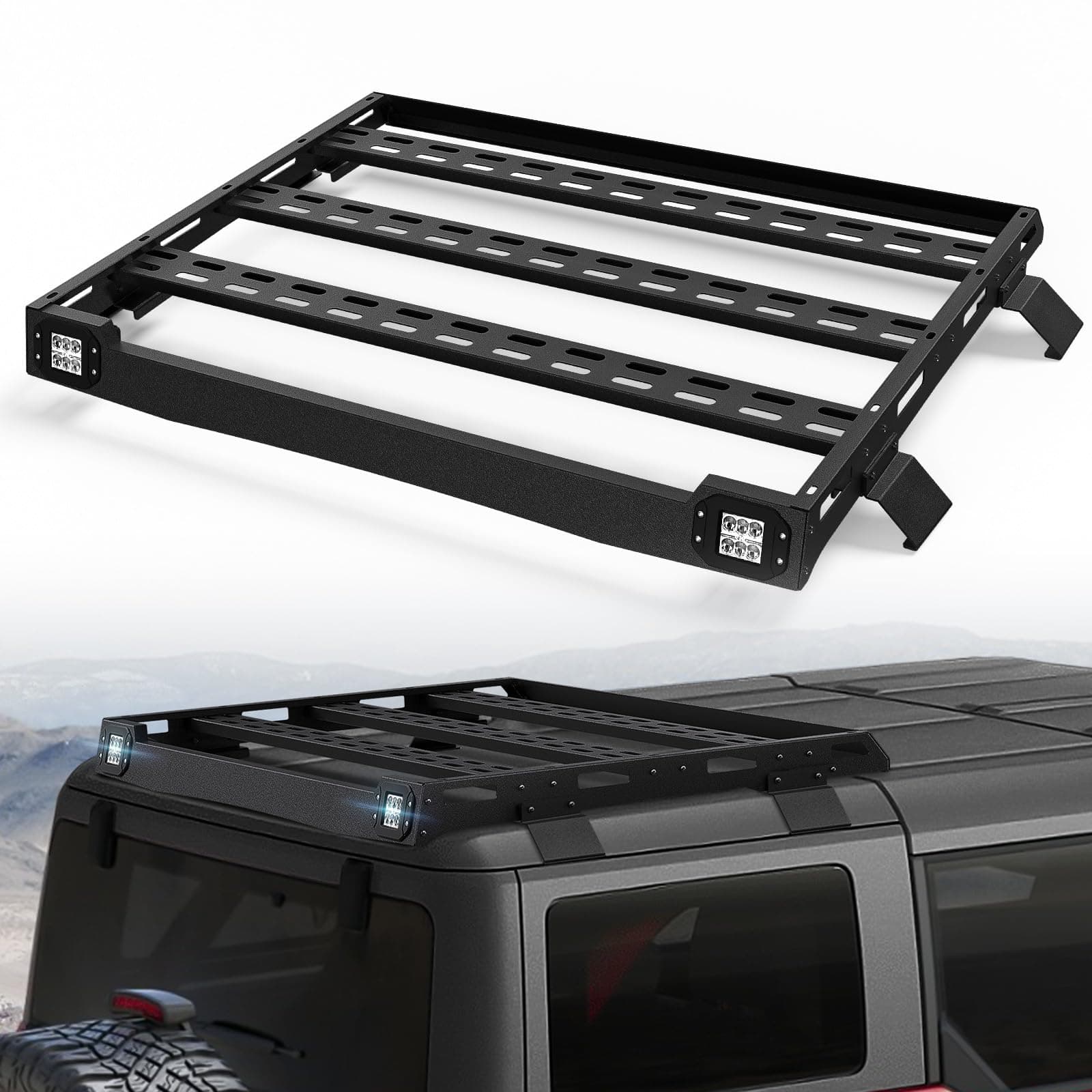 Bronco Half Short Roof Rack Rear Cargo Basket with 2 Led Light Bar Compatible for 2021 2022 2023 2024 2025 Ford Bronco Hardtop 4-Door (Excluding Sport), Rooftop Storage Carrier Luggage Rack