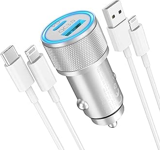 [Apple MFi Certified] iPhone Fast Car Charger, Veetone 38W Dual Port USB C Power Delivery Metal Cigarette Lighter with 2Pack Lightning Cable, PD/QC3.0 Type C Rapid Car Charging for iPhone/iPad/Airpods
