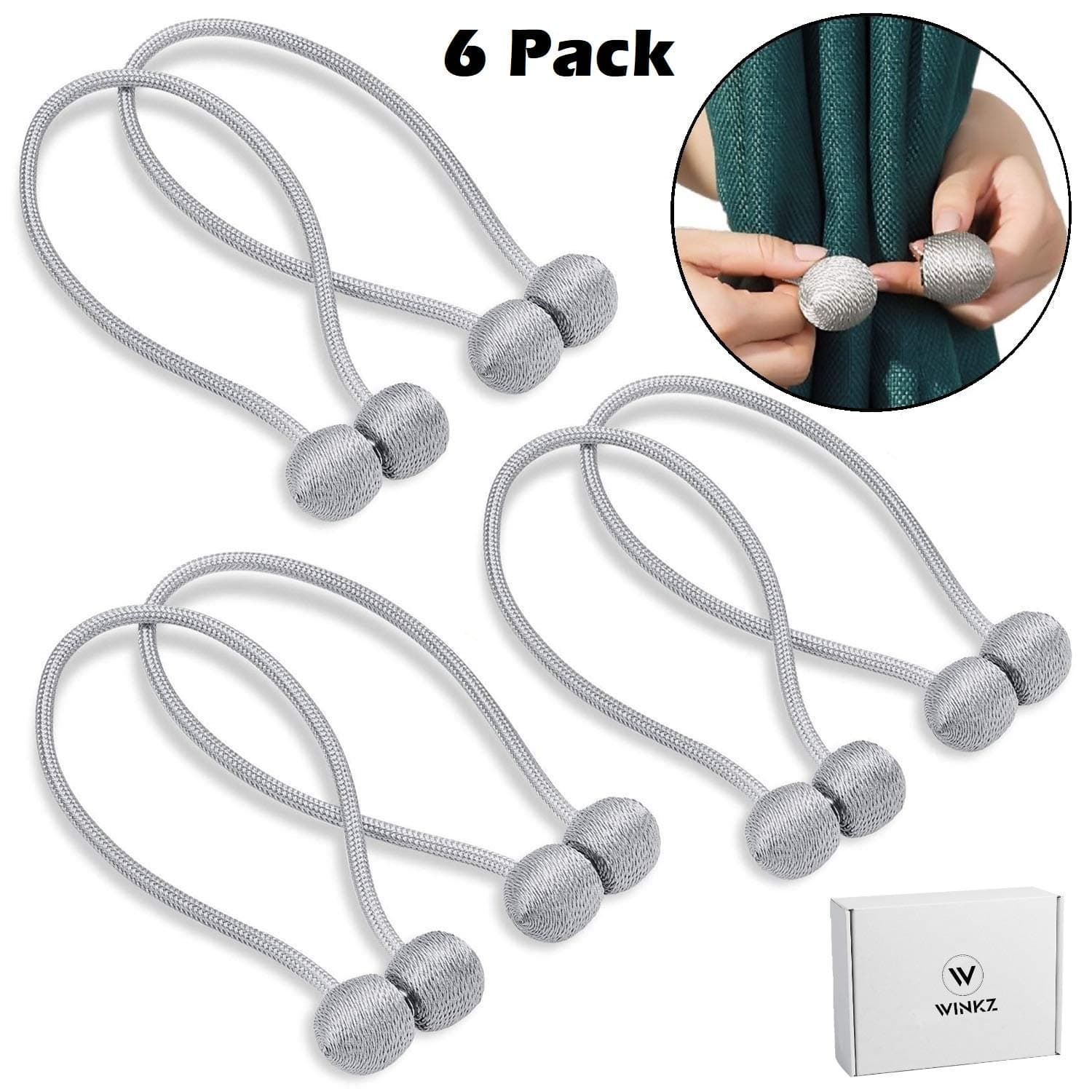 WINKZ Premium Curtain Tiebacks Magnetic, Decorative Drape Tie Backs Rope Clips No Hooks Holdbacks Holder, Perfect for Thick Window Draperies Blackout Panels, 6 Pack(16 Inch Long), Silver Gray