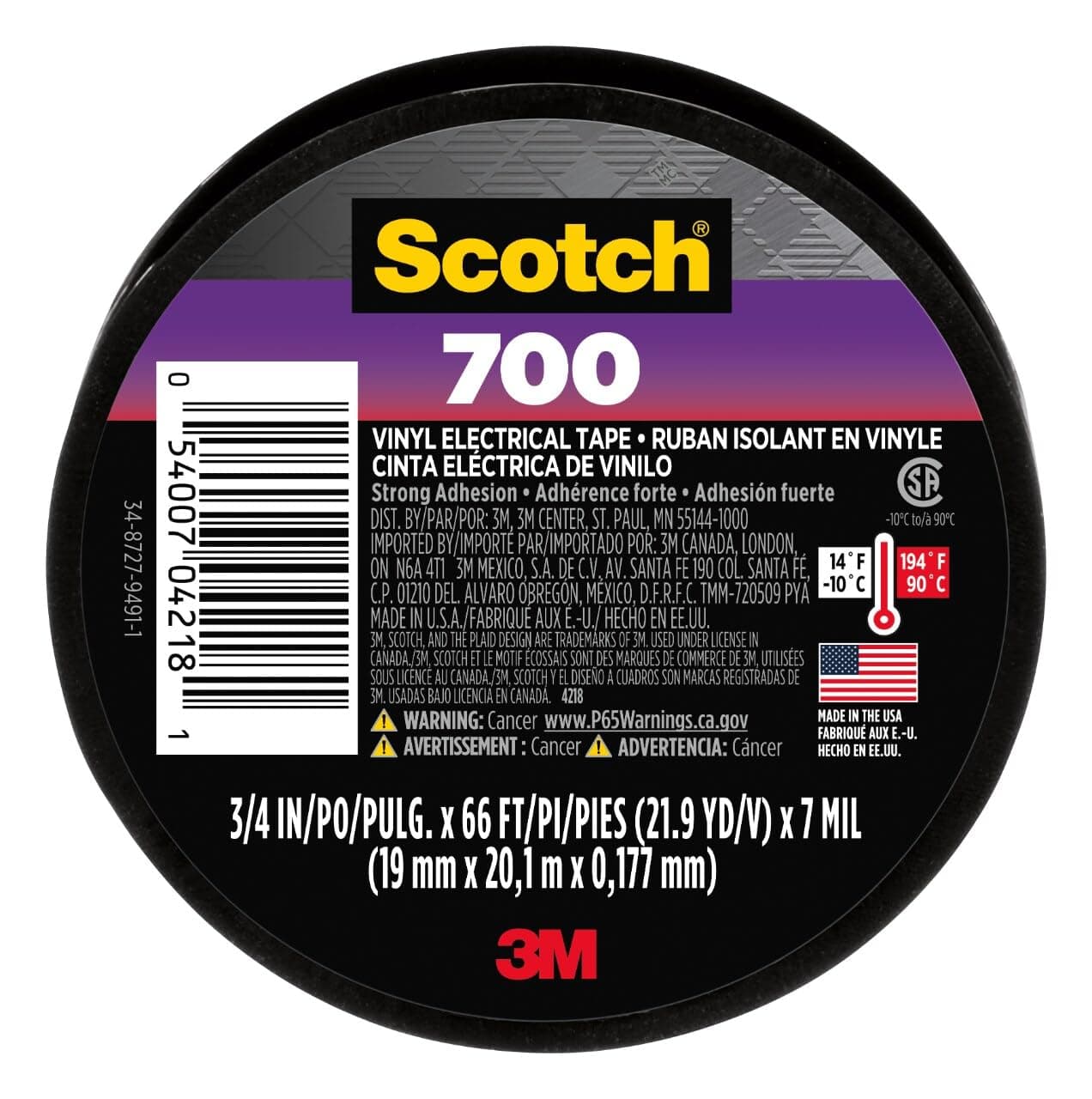 Scotch Vinyl 700 Electrical Tape, 1 Roll, Black, 3/4-in x 66-ft, General Purpose, Commercial Grade, Rated for Temperatures Up to 194-Degree, Highly Flexible, Stretchy & Conformable (700)