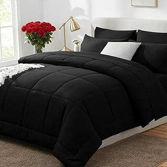 Full Size Comforter Sets Black, 7 Pieces Bed in a Bag, Black Comforter Full Size, All Season Bedding Sets with Stitch Quilted Comforter, Flat Sheet, Fitted Sheet, Pillowcases