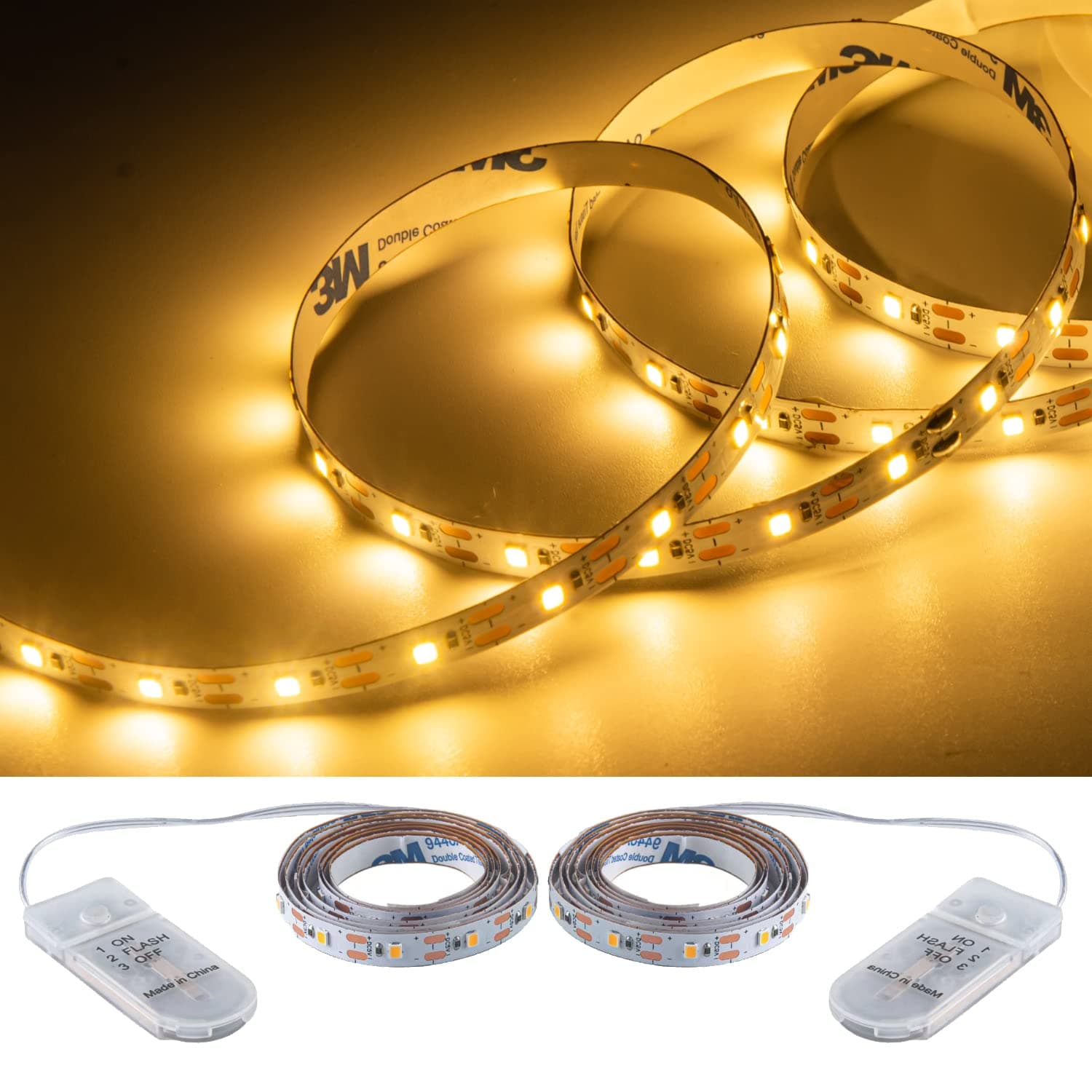 Short Led Strip Lights Battery Powered with Flashing, 3.28ft/1PCS Flexible LED Fairy Lights Battery Operated Bright for Shadow Box DIY Gift Car Bar Party Christmas, 2 Pack (Warm White)