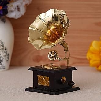 Webelkart Brass Vintage Gramophone Showpiece for Home and Living Room Home Decor, 17 cm, Gold, 1 Piece