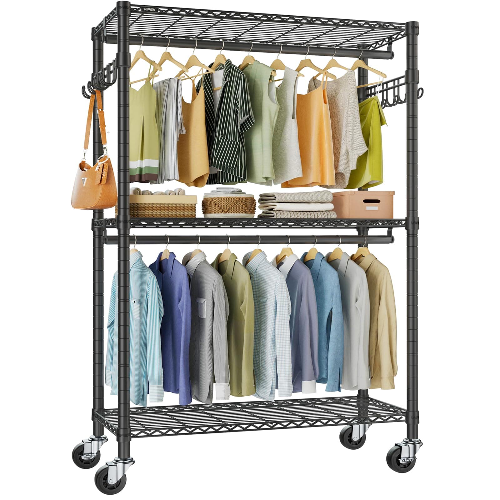VIPEK V12 Portable Closets Heavy Duty Rolling Garment Rack 3 Tiers Adjustable Wire Shelving Clothes Rack with Double Rods and Side Hooks, Freestanding Wardrobe Storage Rack Metal Clothing Rack, Black