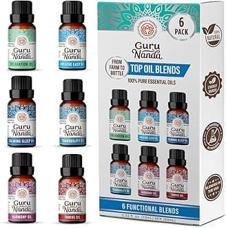 GuruNanda Essential Oil Blends (Set of 6) - Natural Essential Oil Set, Aromatherapy Oil Blends for Diffusers - Breathe Easy, Tranquility, Harmony, Calming Sleep, Relaxation & Thrive