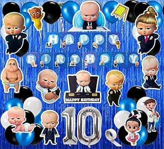 61 Pcs 10th Birthday Decoration Items For Boy | Boss Baby Theme Decorations Combo Set With Birthday Banner Cake Topper Cutouts Balloons (Pack of 61, Multicolor)