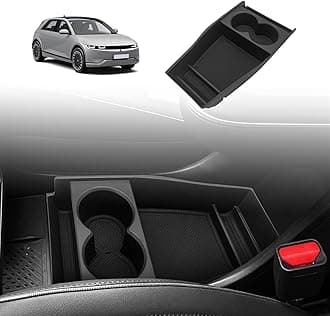 BestEvMod for Ioniq5 Lower Center Console Organizer Cup Holder Tray Storage Box Accessories with Rubber Black Trim Compatible with Hyundai Ioniq 5 2022-2024 Accessories (Lower Tray-Cup Holder Style)