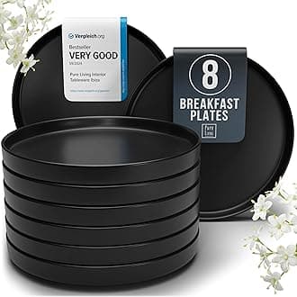 Breakfast Plates Set of 8 Manhattan in Black - Premium Stoneware for Dishwasher, Microwave - Stylish Black Plate Set Matt - Pure Living Crockery Urban Black Line…