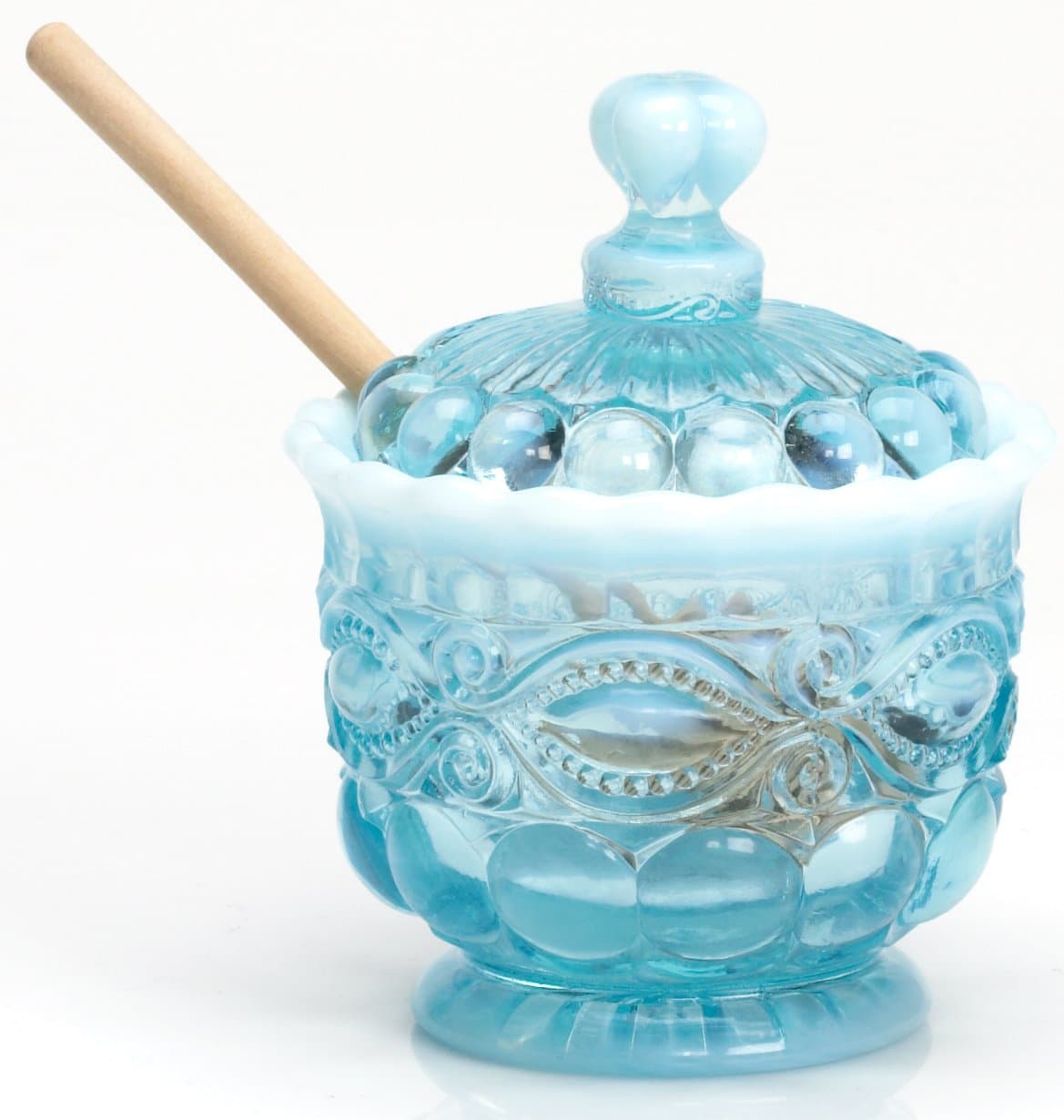 Honey Jar/Pot - Eyewinker "Eye Winker" Pattern - American Made - Mosser Glass USA (Blue Opalescent)