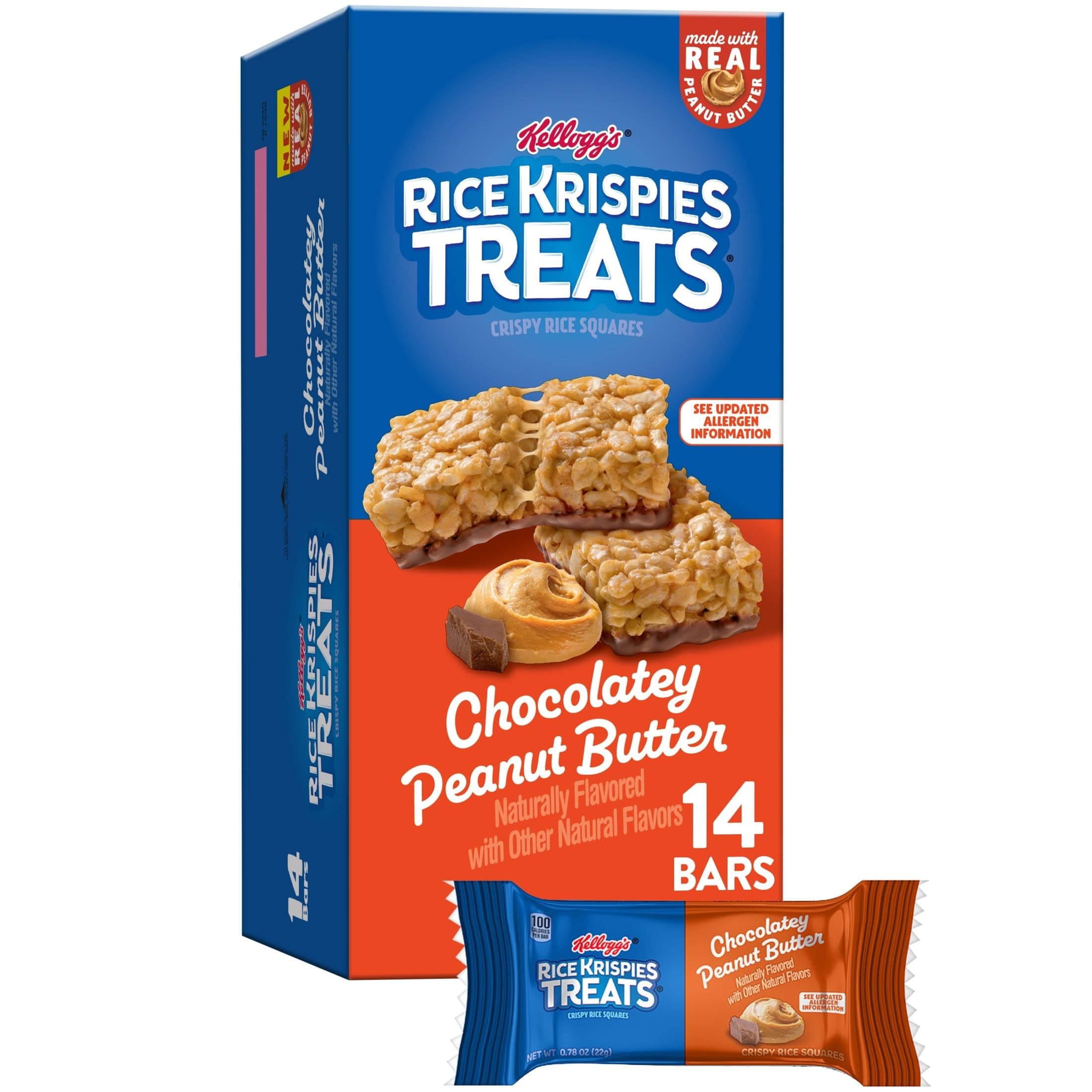 Rice Krispies Treats Crispy Rice Squares, Snack Bars, Chocolatey Peanut Butter, 10.8oz Box (14 Count)