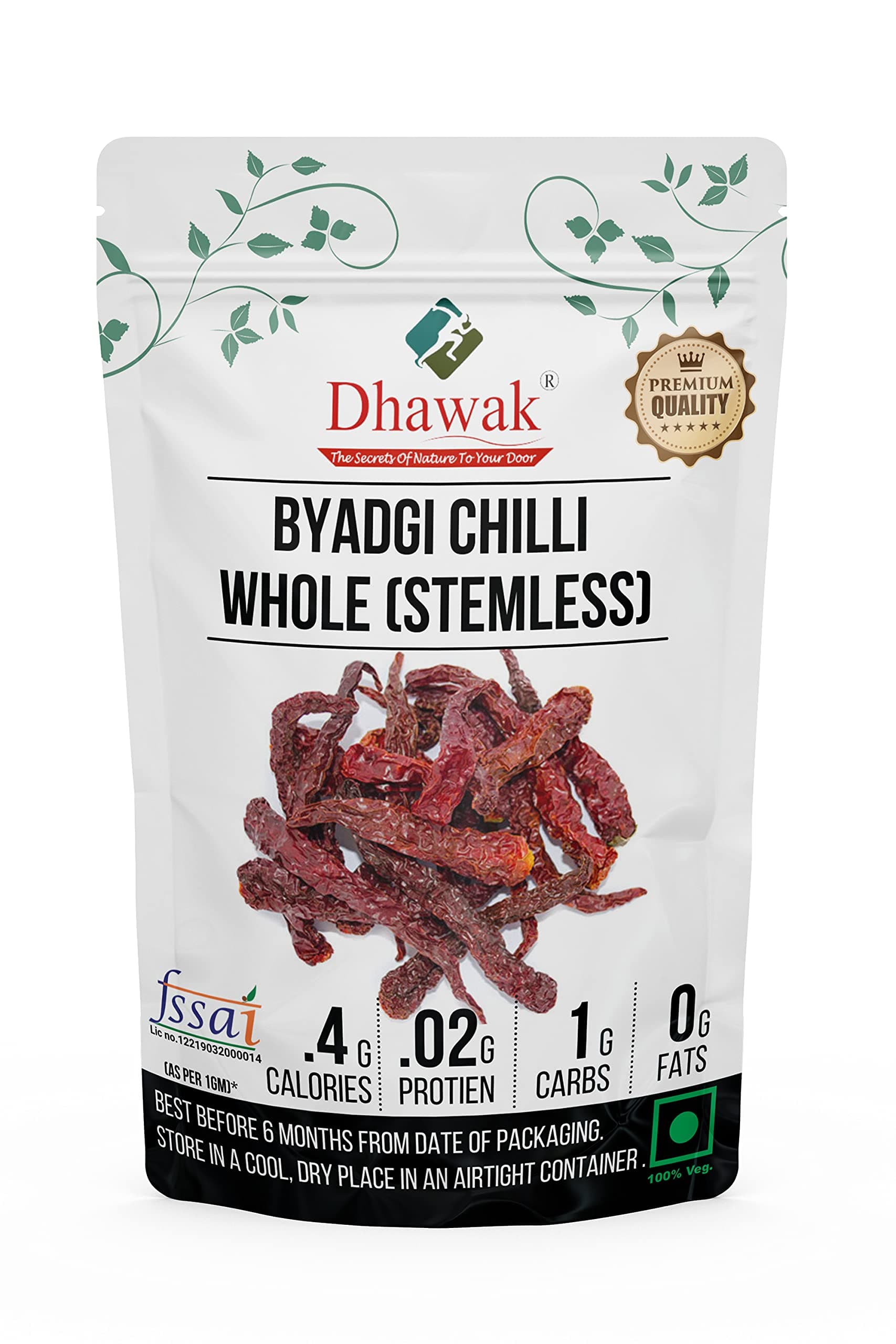 Dhawak Byadgi Chilli Whole (Stemless) - 1.5 Kg. /Sabut lal Mirch/Dried Red Chilli/Red Chilli Whole