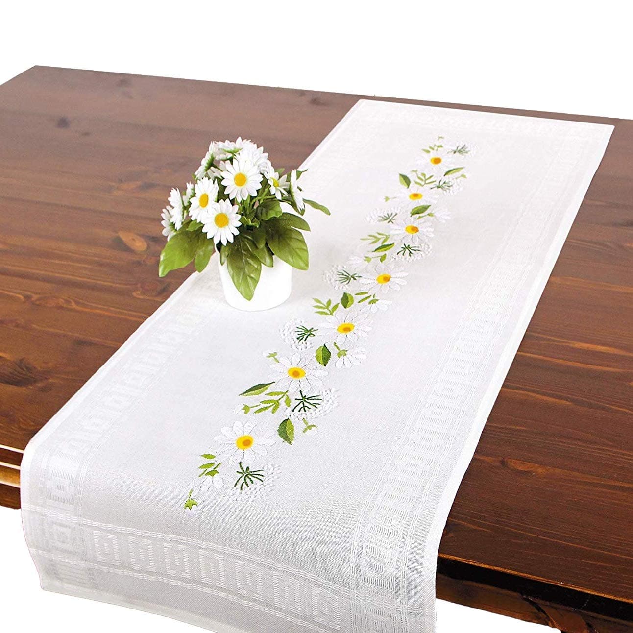 Tischdeckenshop24Embroidery Kit Daisies, Complete Pre-Drawn Table Runner Set with Template for Adults