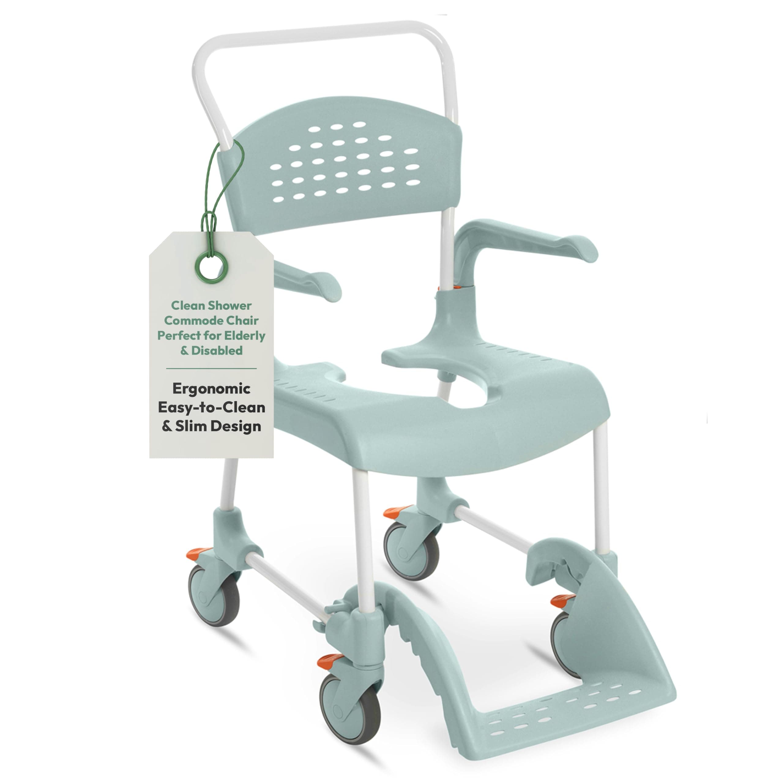 Clean Shower Commode Chair – 19 1/4 Inches Fixed Height, Removable Armrests, Ergonomic Footrest – Easy-to-Maneuver Shower Chair with Wheels, Slim Design Fits Doorways