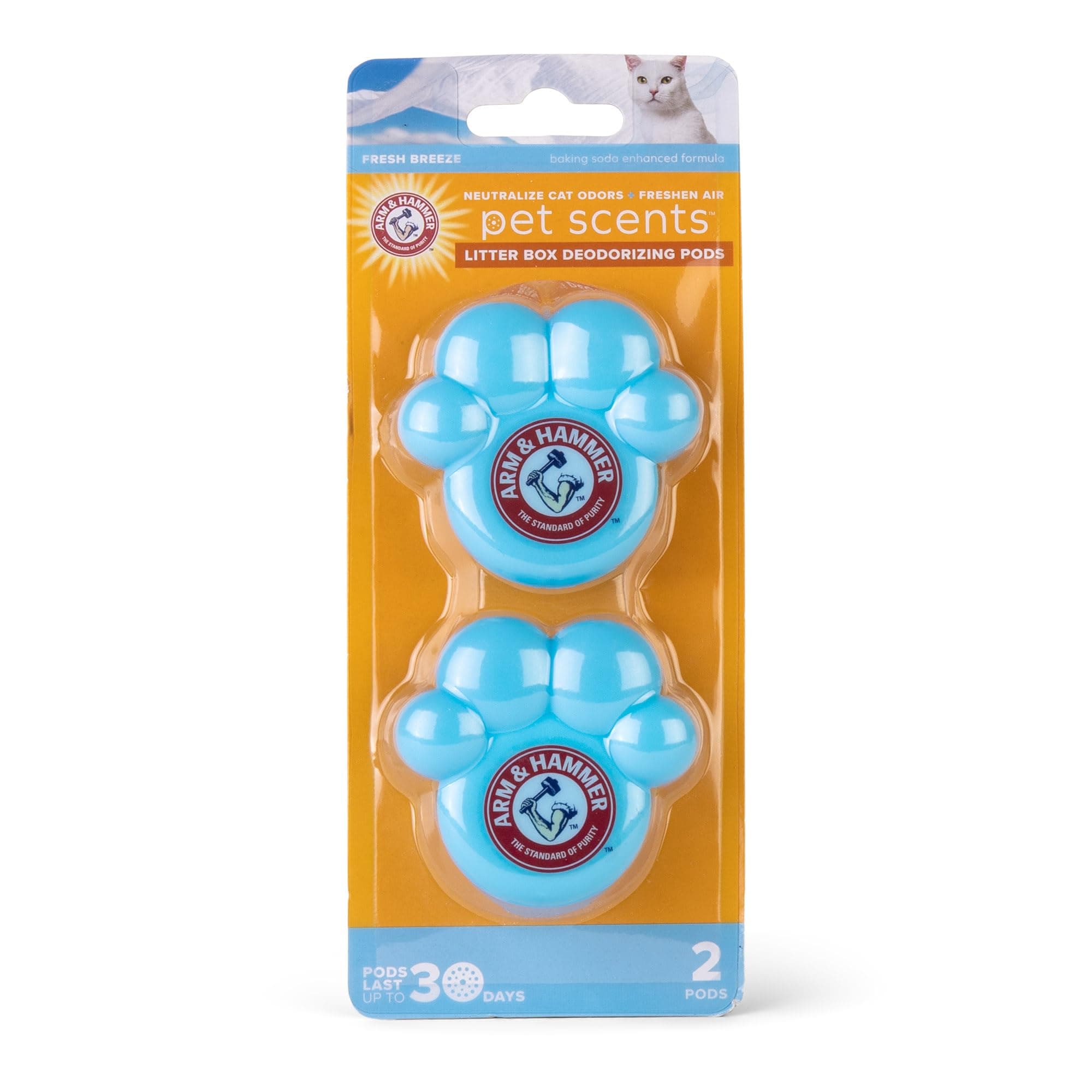 ARM & HAMMER Cat Litter Box Deodorizing Pods, 2 Paw-Shaped Blue Adhesive Gel Pods, Fresh Breeze Scent, 30 Days Odor Control, 2 Cat Litter Box Deodorizer