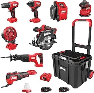 SKIL PWR CORE 20V Brushless 9-Tool Power Tool Combo Kit Including 2 * 2.0Ah Batteries, Charger, and Rolling Tool Box -CB8009B-20