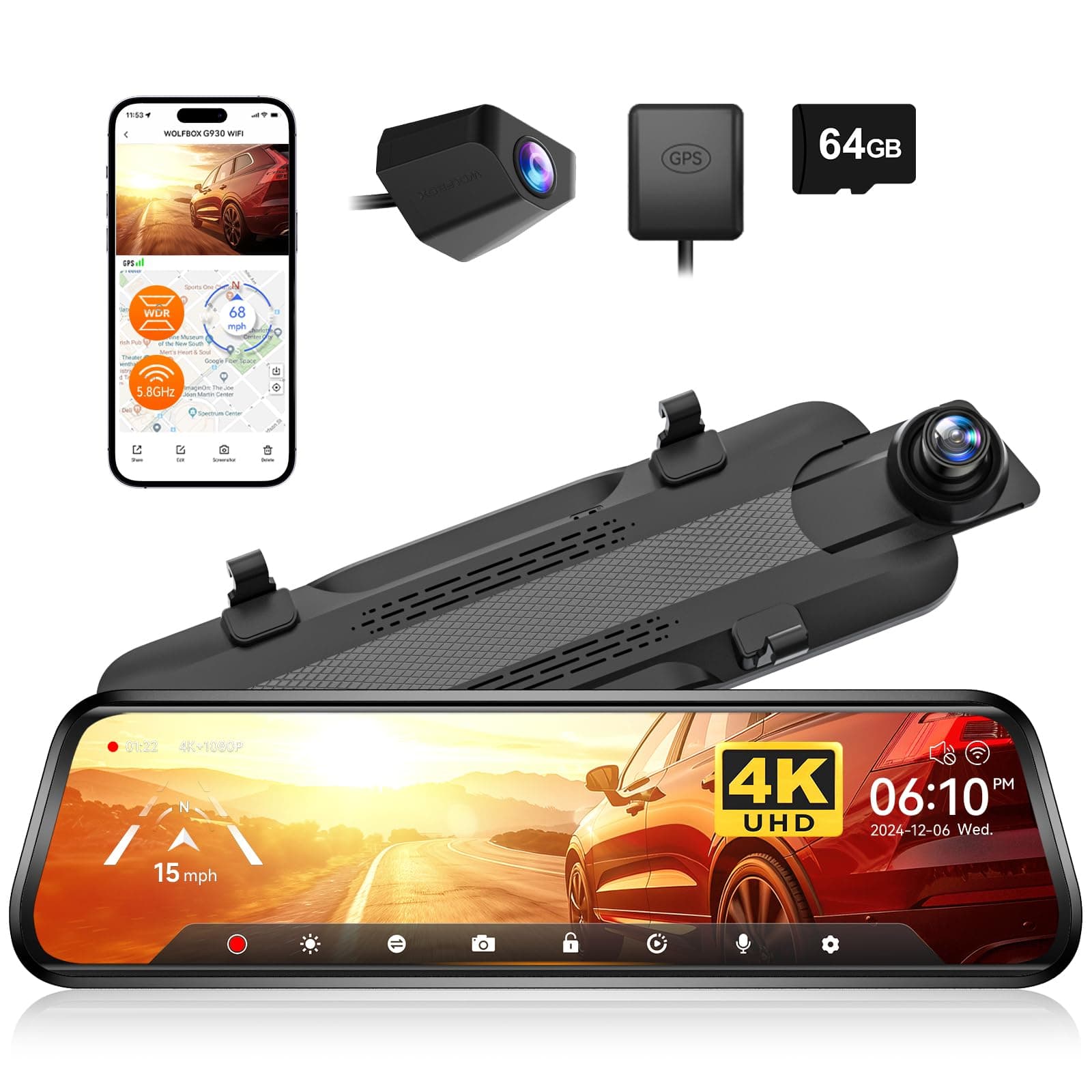 G930 10'' Rear View Mirror Camera with 5.8GHz WiFi, 4K Dash Cam Front and Rear with WDR, Touch Screen Rearview Mirror Backup Camera, Parking Monitor, Reverse Assist, Includes 64GB Card & GPS