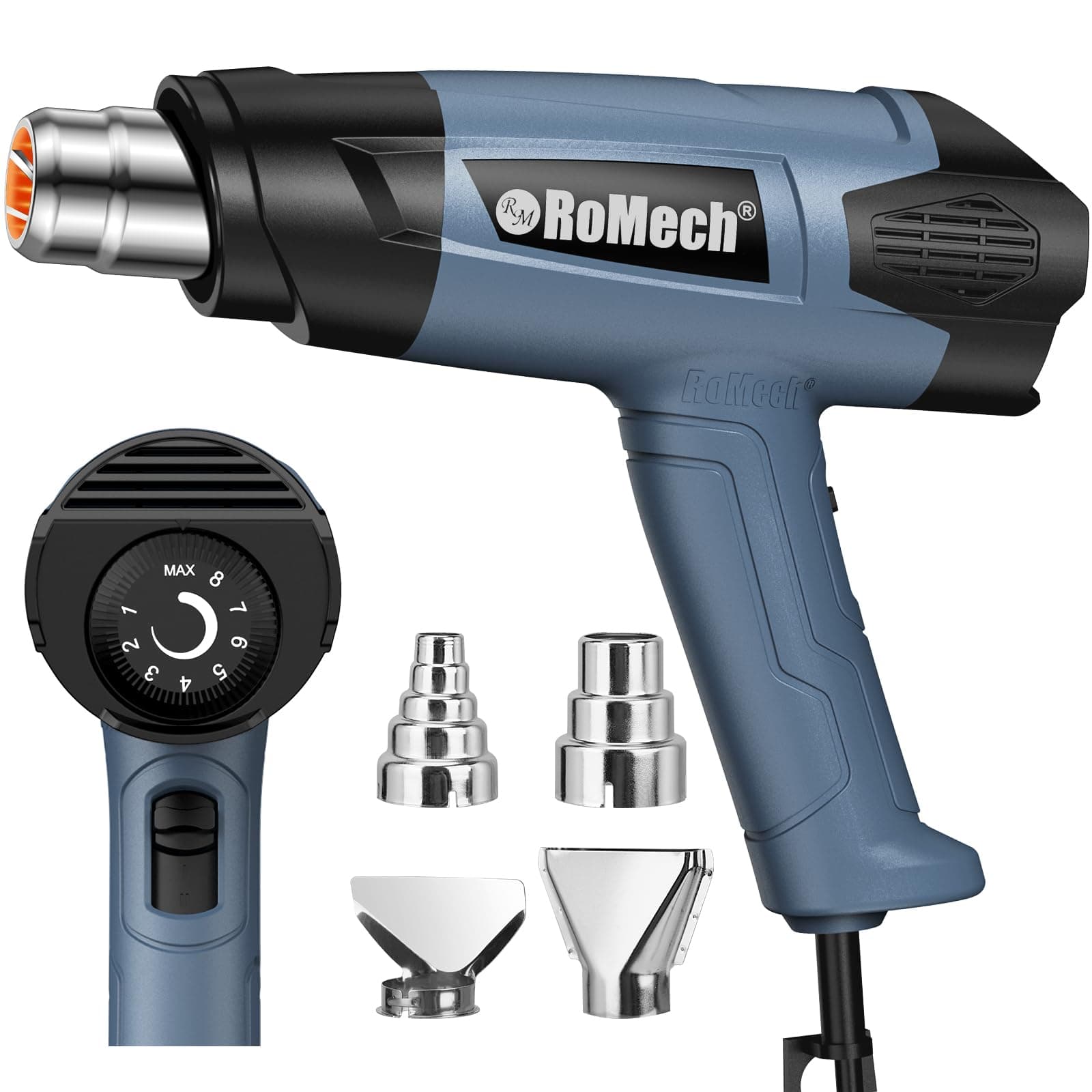 - ROMECH 1500W Heavy Duty Heat Gun, Variable Temperature Control Hot Air Gun Kit with 2 Air Flow 120°F~1200°F and 4 Nozzles for Crafts Shrink Wrap (Blue)