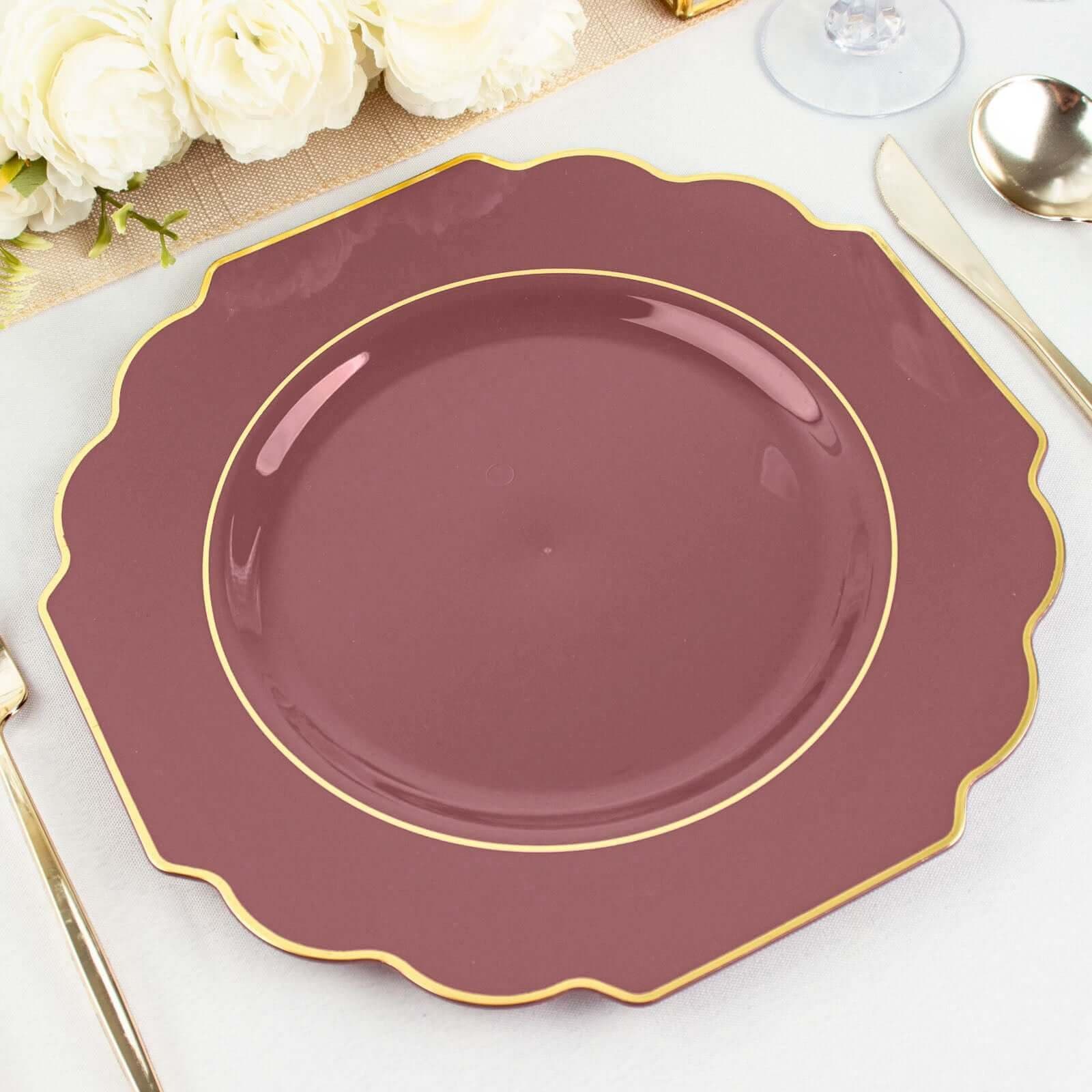 Efavormart 10 Pack | 11" Cinnamon Rose Hard Plastic Baroque Dinner Plates With Gold Rim, Heavy Duty Disposable Dinnerware