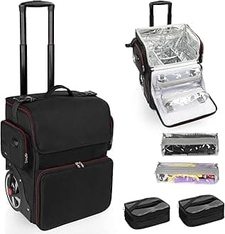 Large Makeup Train Case,Cosmetic Makeup Case for Hairstylist, Hairdresser Bag with Detachable Pouch,Heat Insulation and Anti-scalding Full layer for Hairdressing Tool Organizer Trolley with wheels