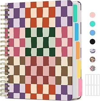Large Spiral Lined Notebooks for Work with Removable Dividers & Tabs, 8.5"x11" Pretty Hardcover 5 Subject Notebook Journal for Women, College Ruled, Perfect for Study & Office Organization, 280 Pages,Checkered