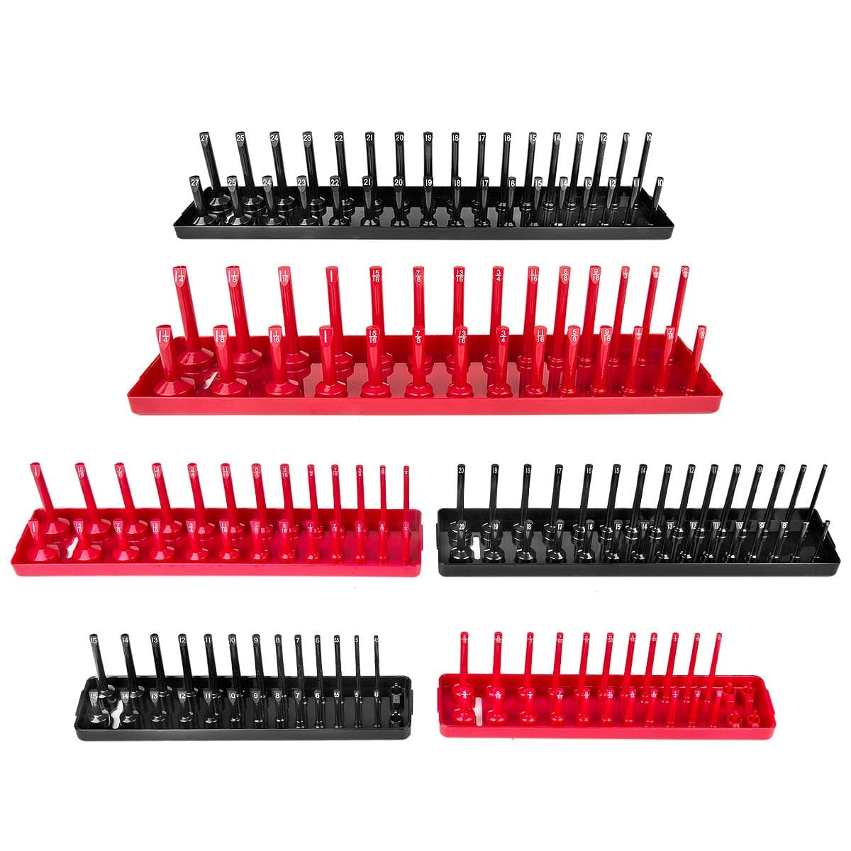 6PCS Socket Organizer Tray Set, Red SAE & Black Metric Socket Storage Trays, 1/4-Inch, 3/8-Inch & 1/2-Inch Drive Deep and Shallow Socket Holders for Toolboxes