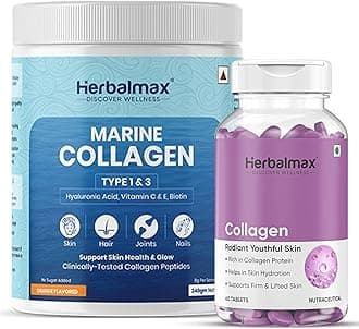 Herbal Max Marine Collagen Combo Hydrolyzed Powder & Tablets with Hyaluronic Acid, Vitamin C & E, Biotin Supports Skin, Hair, Nails, Bone & Joint Health – Type I, II & III Collagen Peptides