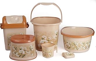Nayasa Funk Squared Bathroom Set 6-Pieces - Bucket (25 litres) with Mug (1.5 litres),Basin (20 litres),Dustbin (14 litres), Stool & Soap Case |Bath Set for Bathroom|Brown
