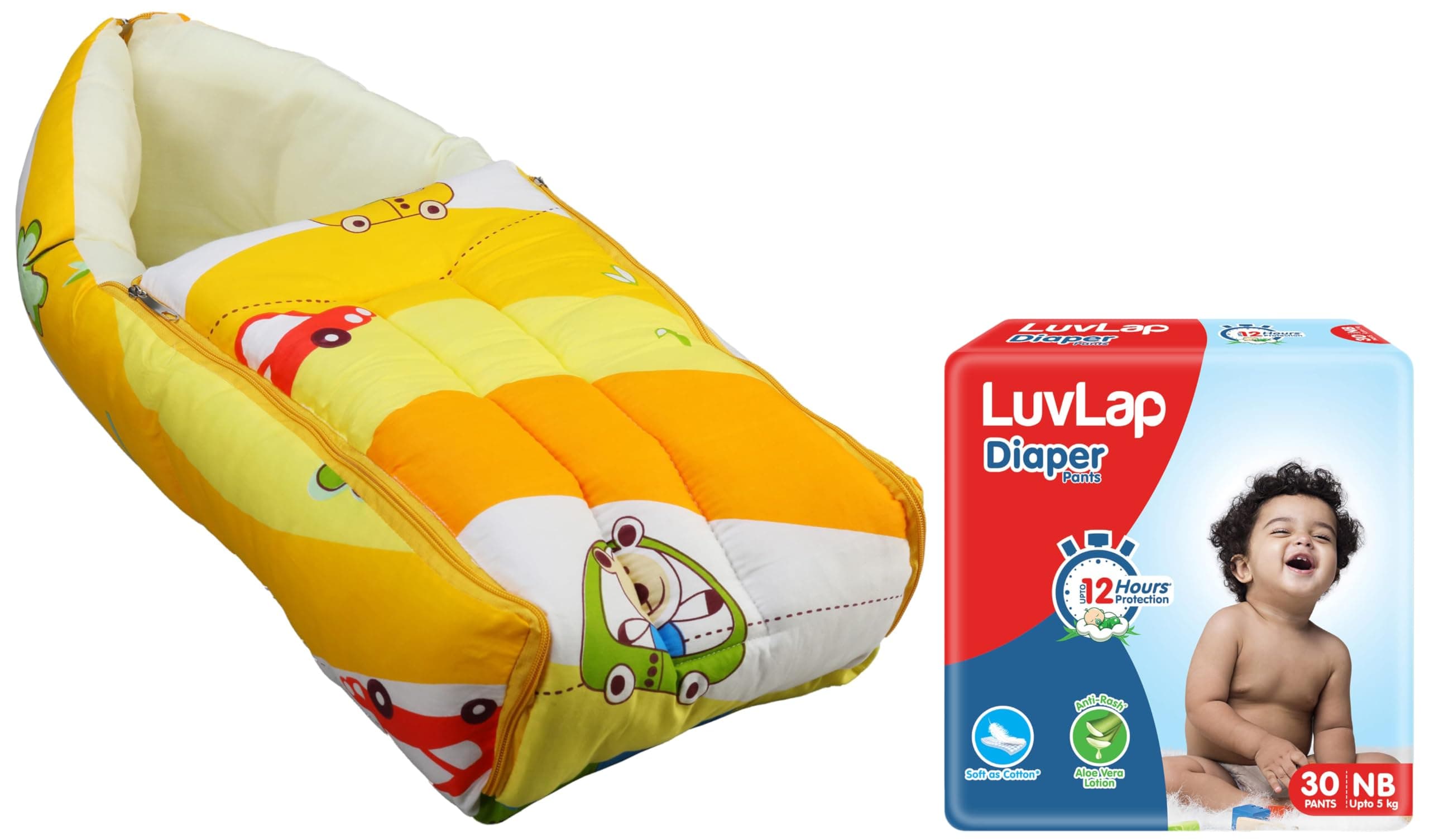 Luv Lap 3 in 1 Baby Bed, Sleeping Bag & Carry Nest, 0M+ (Cars Print, Multicolour) & Pant Style Baby Diapers, New Born/X-Small (Nb/Xs), 30 Count