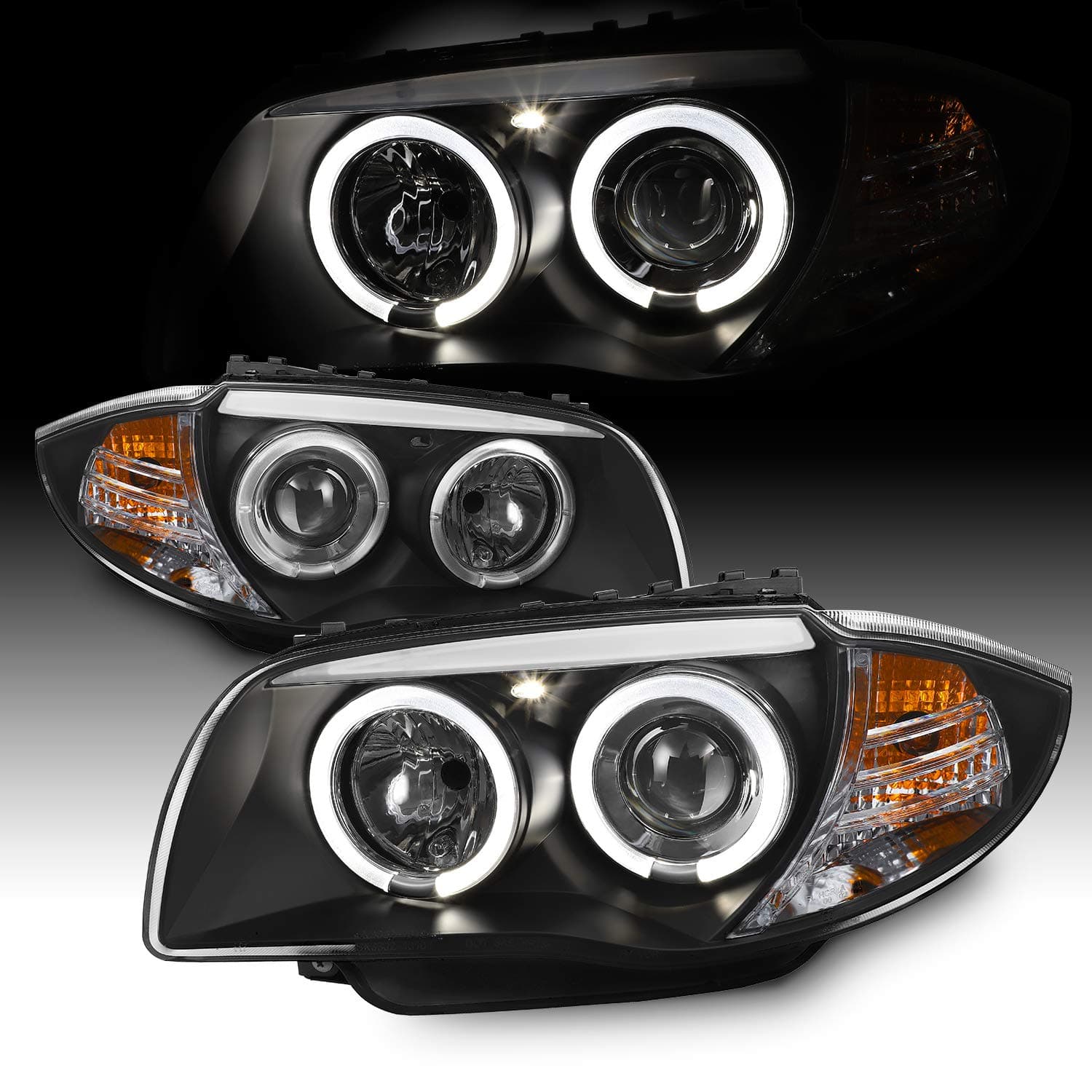 AKKON - For BMW E82 E88 1 Series Sport Coupe Halogen Type Black Bezel Dual LED Projector Headlights Lamps Pair