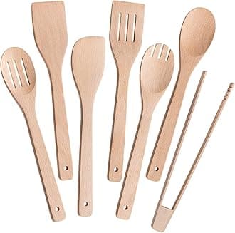 Wooden Spoons for Cooking 7-Piece, Kitchen Nonstick Wood Cooking Utensils Set, Durability Wooden Spatula Spoon for Everyday Use, Light Yellow