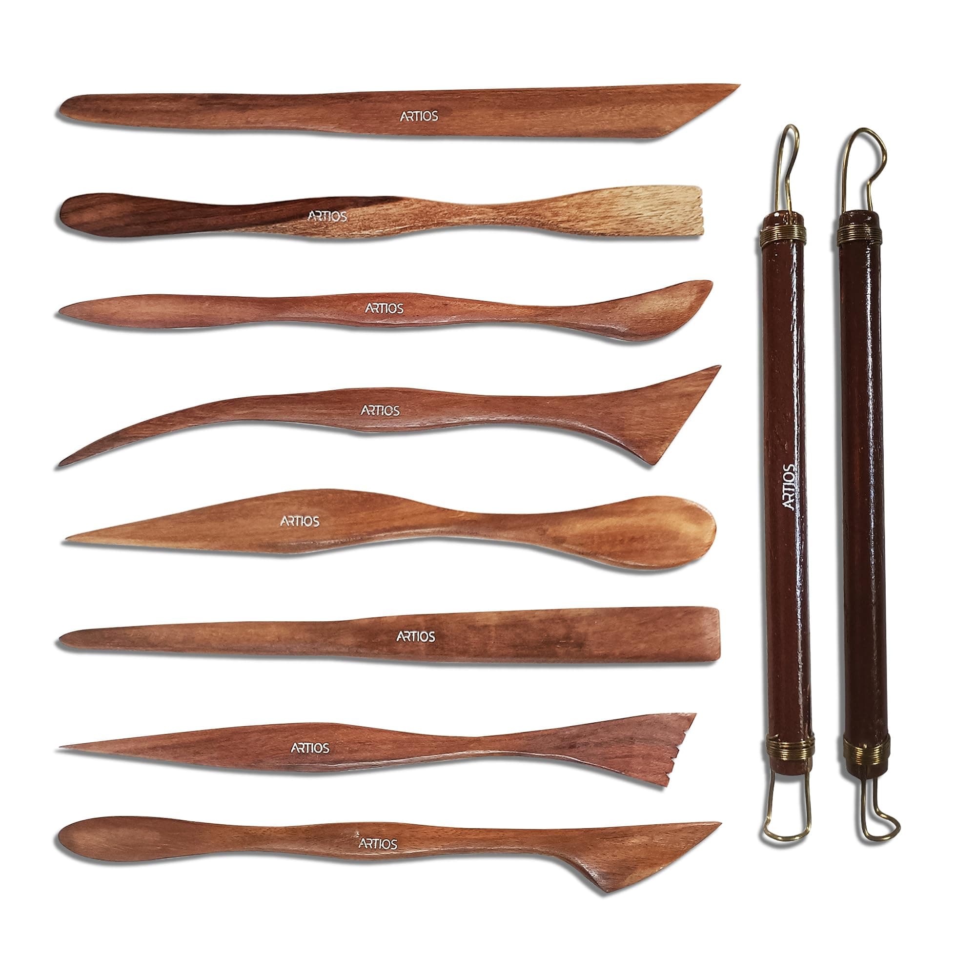 ARTIOS Premium Wooden Clay Modelling Tool Set - 10 Double-Ended Pottery Craft Tools for Scultping, Carving, Modeling and More, Brown