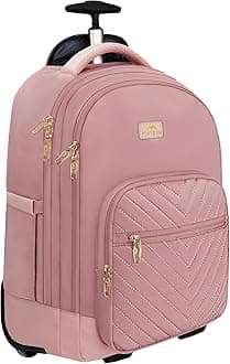 Rolling Backpack for Women, 17 Inch Travel Laptop Backpacks with Wheels, Large Carry On Business Luggage Roller Backpack, Waterproof Trolley Suitcase Overnight College Work Computer Bag, Pink