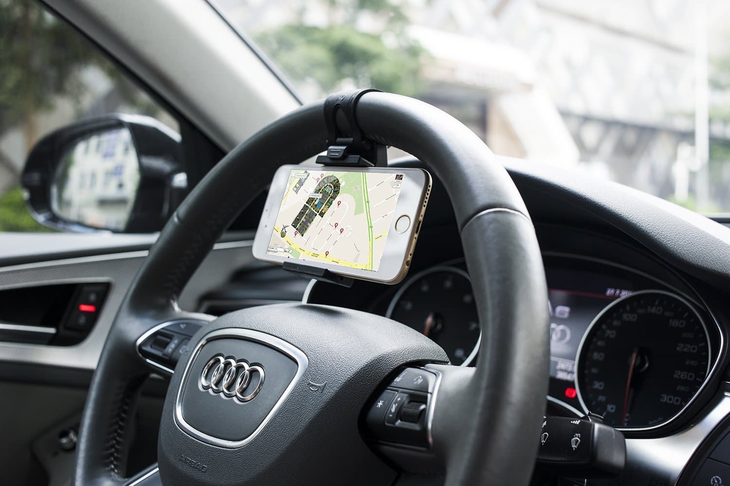 Universal Cell Phone Car Mount Holder on Steering Wheel, Steering Wheel Phone Socket Holder for Iphone 6 5s 5 4s 4, Samsung Galaxy (Black)