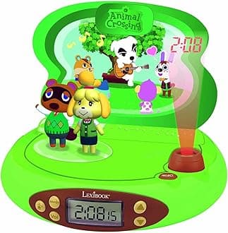 Nintendo-Animal Crossing Projector Alarm Clock for Kids-with Night Light and Time Projection to The Ceiling, Sound Effects, Boys, Girls, Green