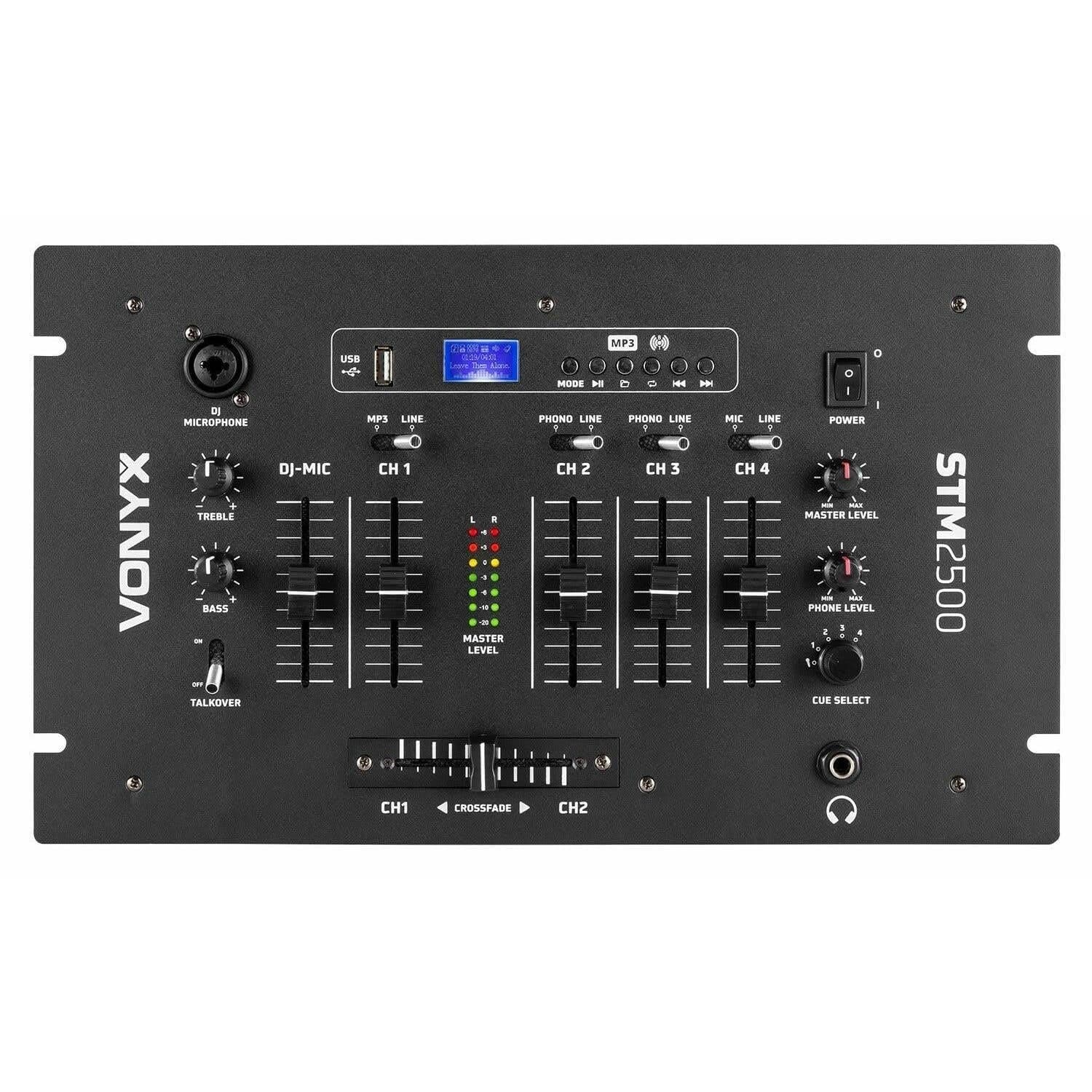 VONYX STM2500 5-Channel Bluetooth Mixer, USB MP3, 2 XLR Mic Inputs, RCA Phono/Line, EQ, Talkover, Headphone Jack