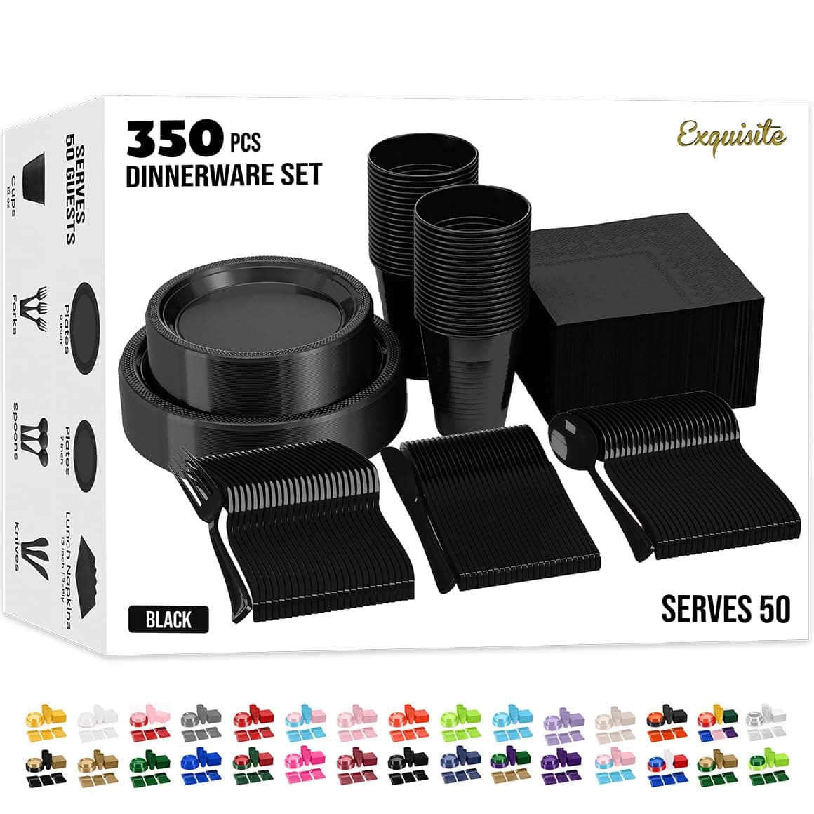 350 Pcs Black Plastic Plates For Party, Black Disposable Plates Set, 50 Of Each 9" Dinner Plate Set, 7" Dessert Plate, Cups, Napkins & Cutlery Plastic Dinnerware Set Exquisite