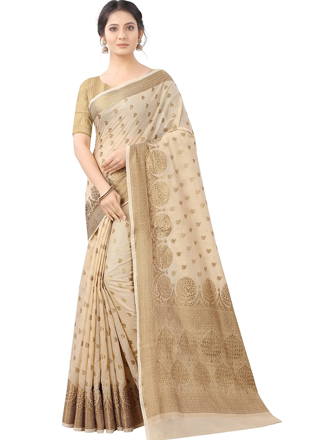 leeza storeWomen's Cotton Silk Blend Golden Zari Tree Pattern Border Rich Pallu Banarasi Saree With Blouse Piece