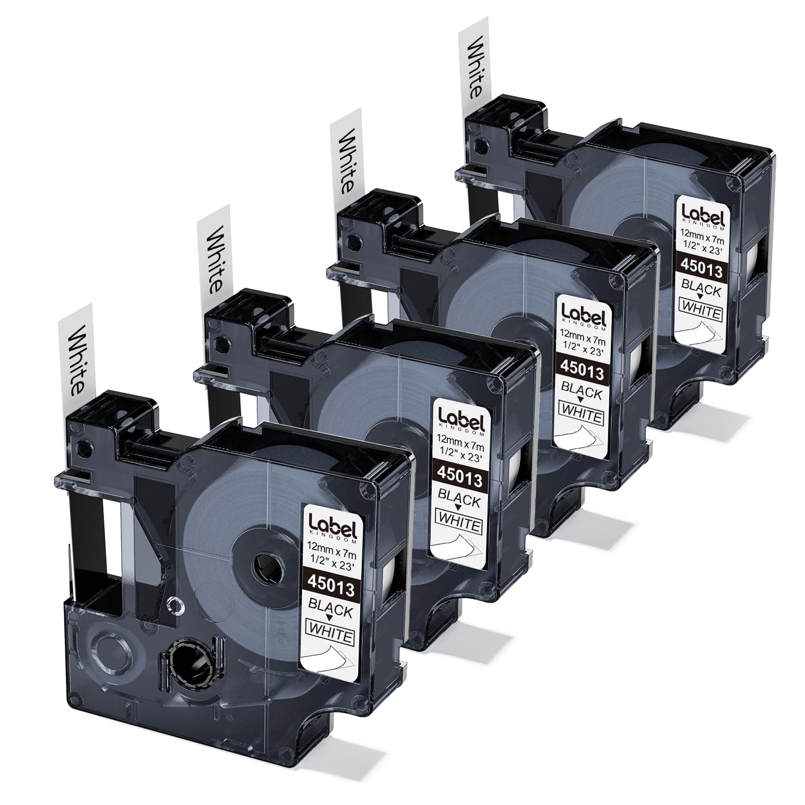 Replace DYMO D1 Label Tape 45013 S0720530, 1/2 Inch 23 Feet Black on White Dynamo Label Refills, Compatible Dymo LabelManager 160 210D 260P, LabelMaker 450D (4-Pack, 12 mm x 7 m)