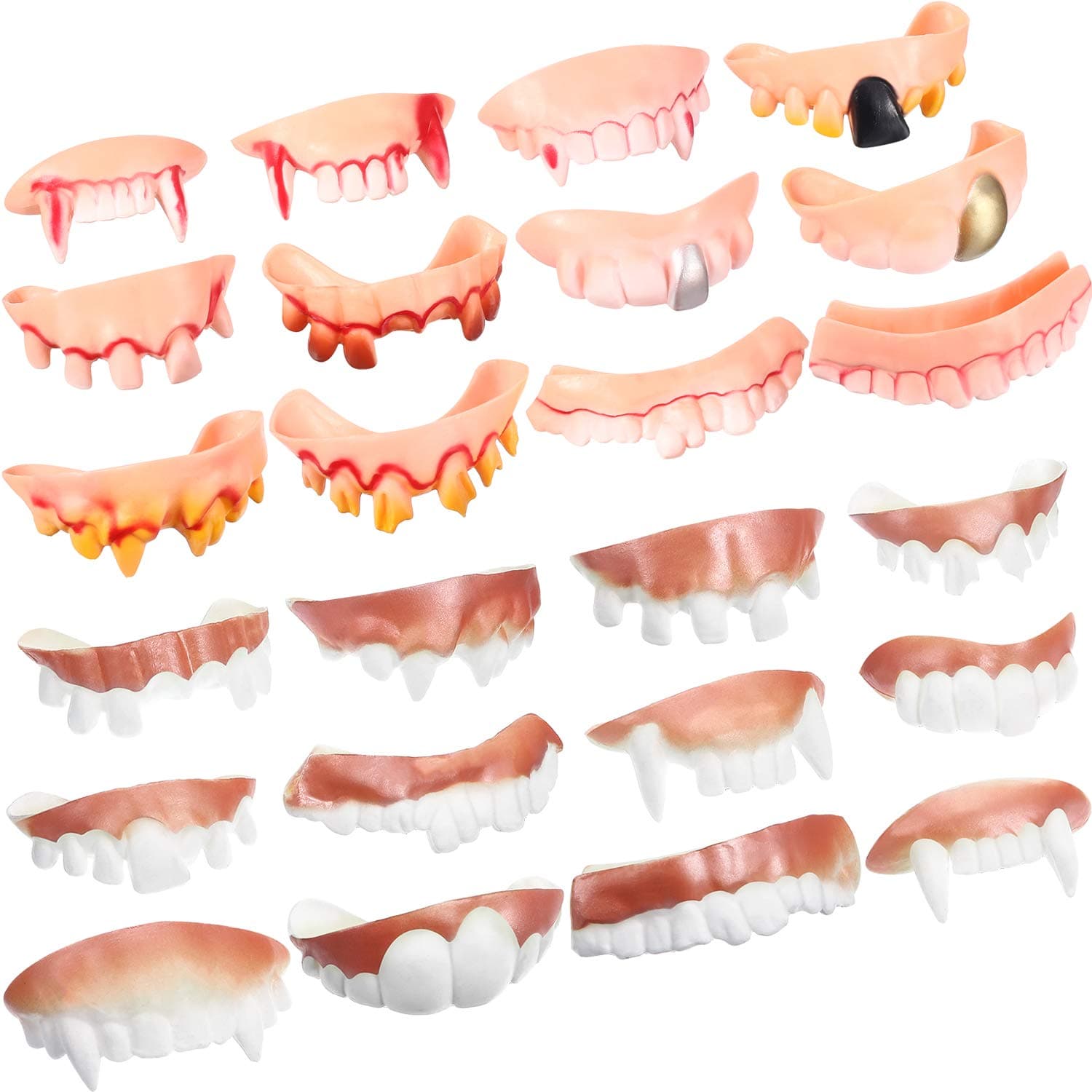 Boao Fake Teeth Vampire Teeth Gnarly Teeth Gag Teeth Ugly Teeth Joke Teeth Denture Funny Teeth for Halloween Costume Party Favors Fools, 24 Pieces (Blood Style, Classic Style)