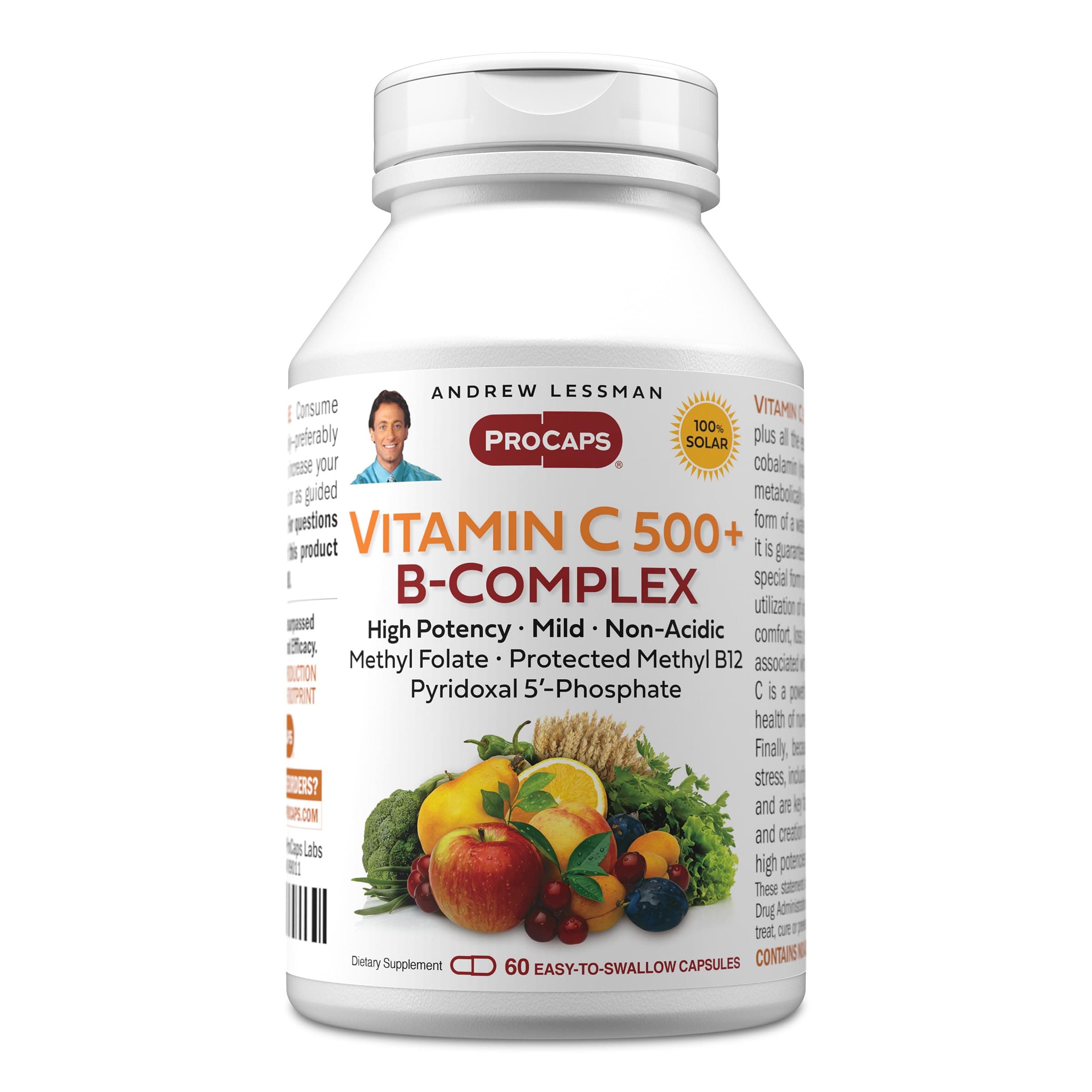 Vitamin C 500 Plus B-Complex 60 Capsules - Non-Acidic Vitamin C Plus Citrus Bioflavonoids for Immune System and Anti-Oxidant Support. Easy-to-Swallow Capsules. No Additives