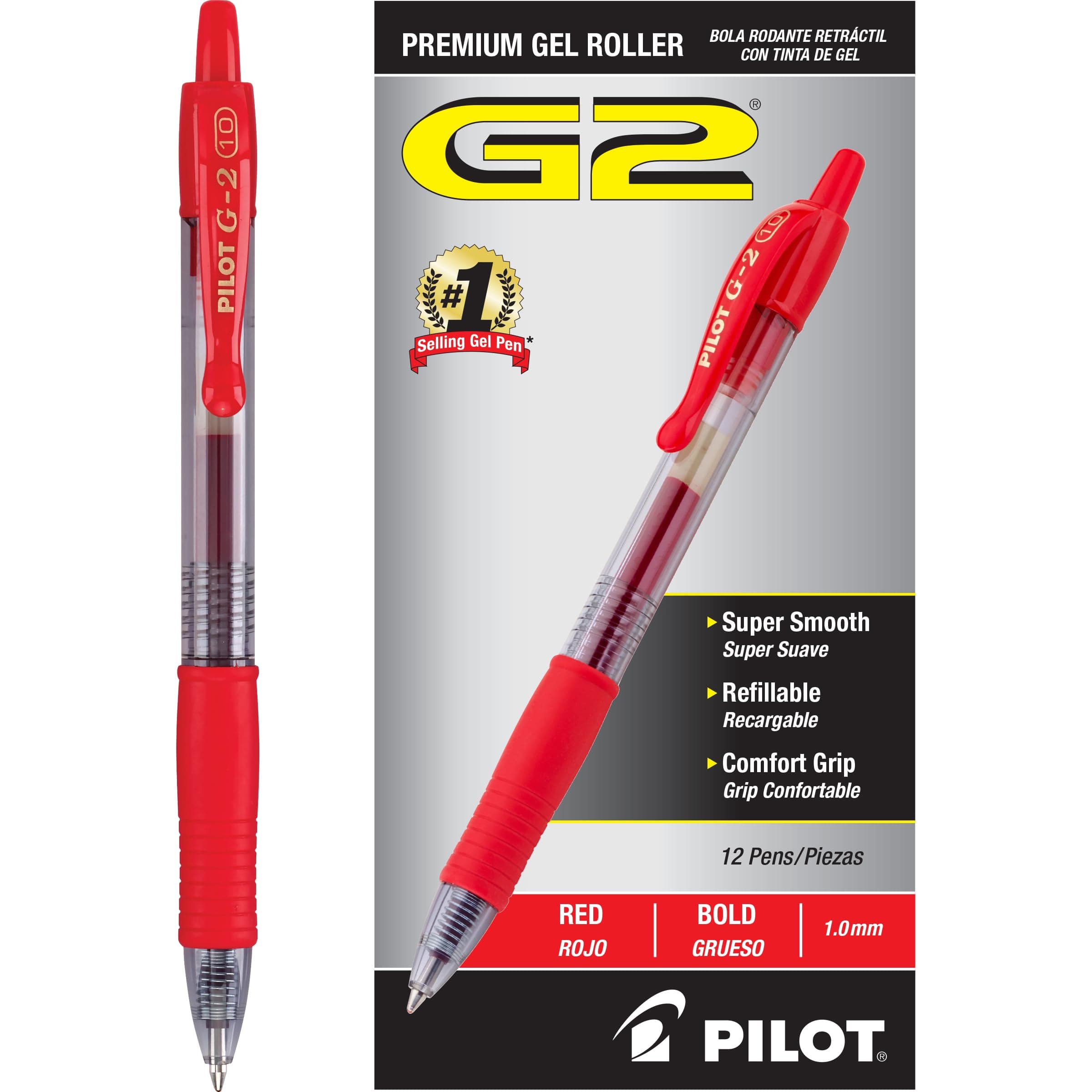 PILOT G2 Premium Refillable & Retractable Rolling Ball Gel Pens, Bold Point, Red Ink, 12-Pack (31258)