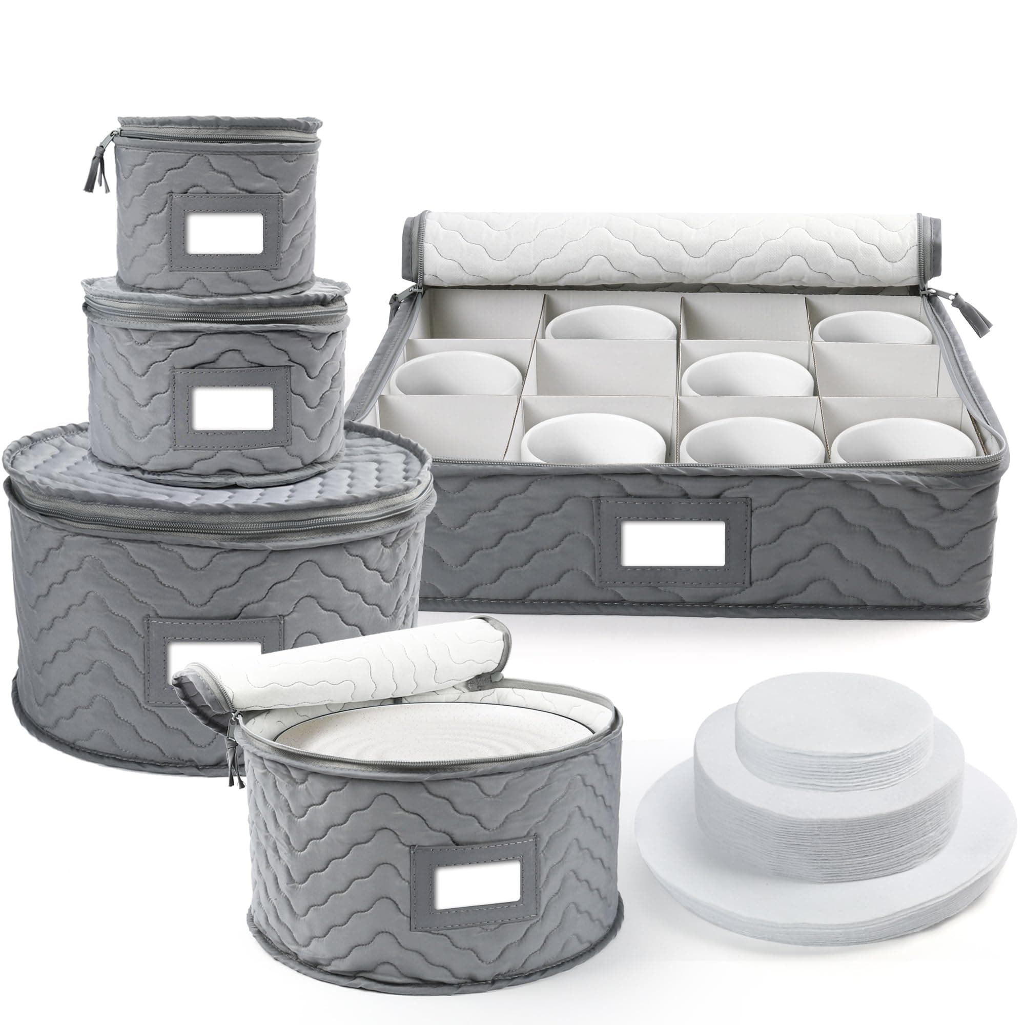 LotFancyChina Storage Containers, Quilted 5-Piece Set Storage Box, Chinaware Dinnerware Dish Plate Mug Cup Storage Case, 48 Felt Protectors, Cardboard Dividers Included