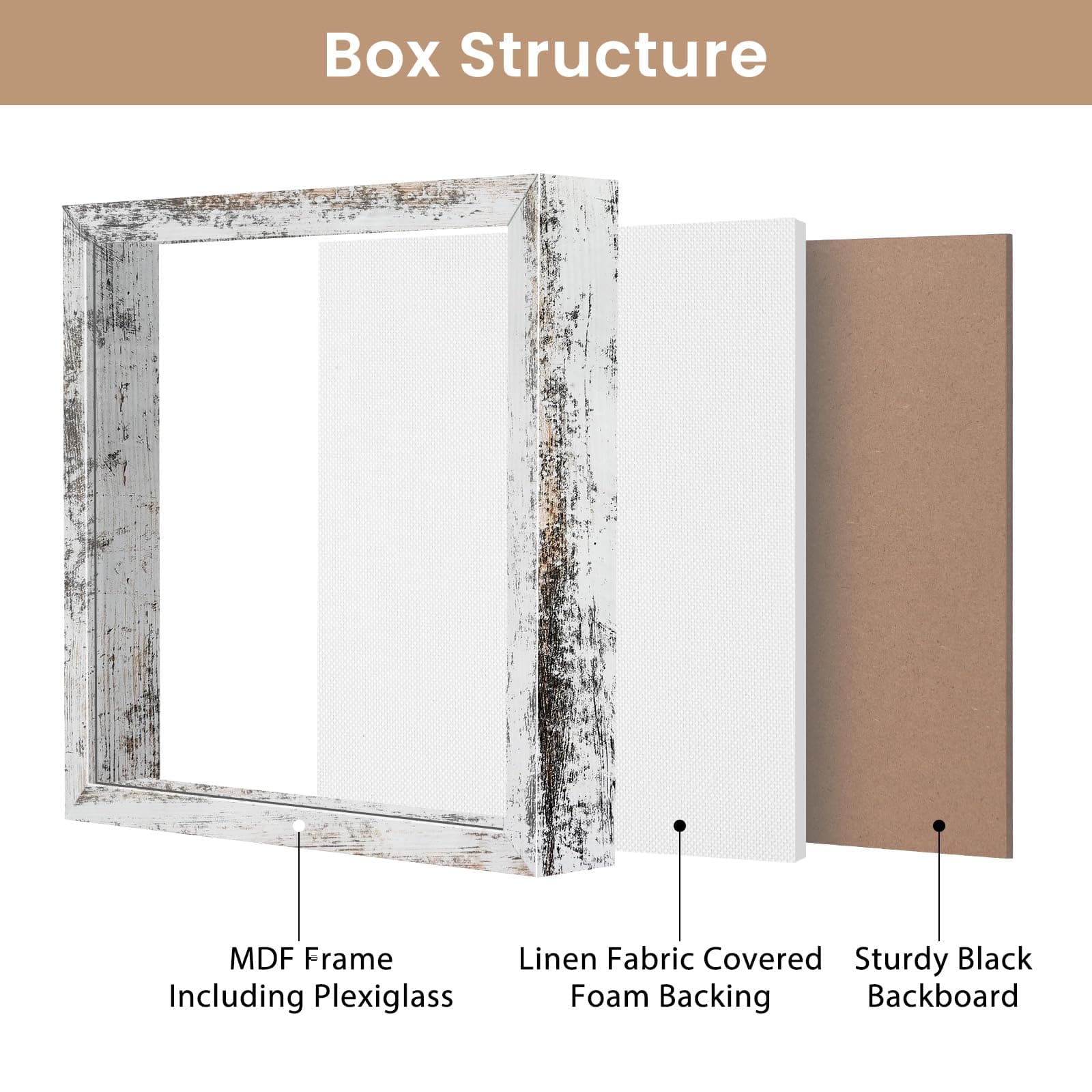 Califortree 11x11 Shadow Box Frame with Soft Linen Back - Metal Push Pins Included, Memory Box Display Case for Memorabilia Flower Awards Medals Wedding Photos, Rustic White