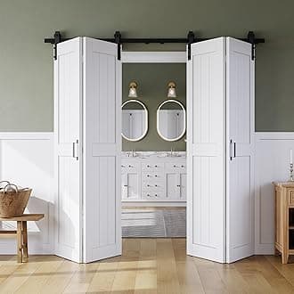 二つ折りバーンドア 80インチ x 84インチ、MDF 二つ折りスライド式クローゼットドア ハードウェアキット付き 完成済み組み立て簡単 PVC表面 & 省スペース、Hフレーム、4ドア用88インチトラック、ホワイト