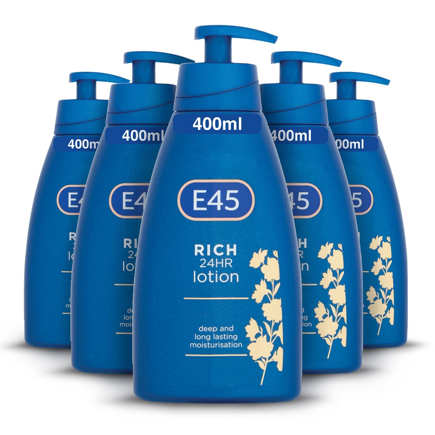 E45 Rich Skin Lotion 400 ml x5 Pack – E45 Moisturising Lotion with Evening Primrose Oil – Lightweight Body Lotion for Dry and Sensitive Skin – Long-Lasting Moisturisation for Soft and Supple Skin