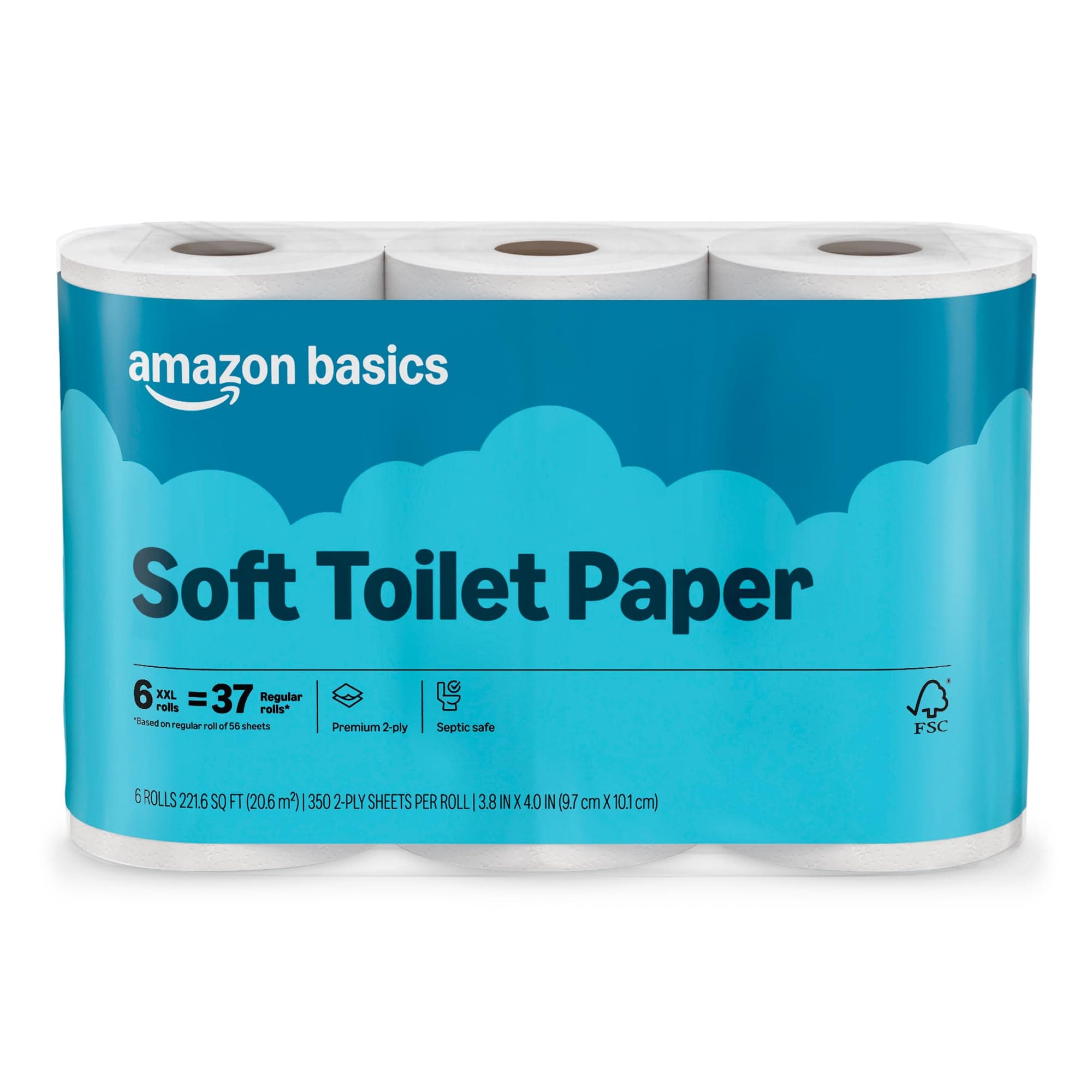 Amazon Basics 2-Ply Soft Toilet Paper, 6 Rolls, 350 Sheets per Roll, Equivalent to 37 Regular Rolls, Septic Safe