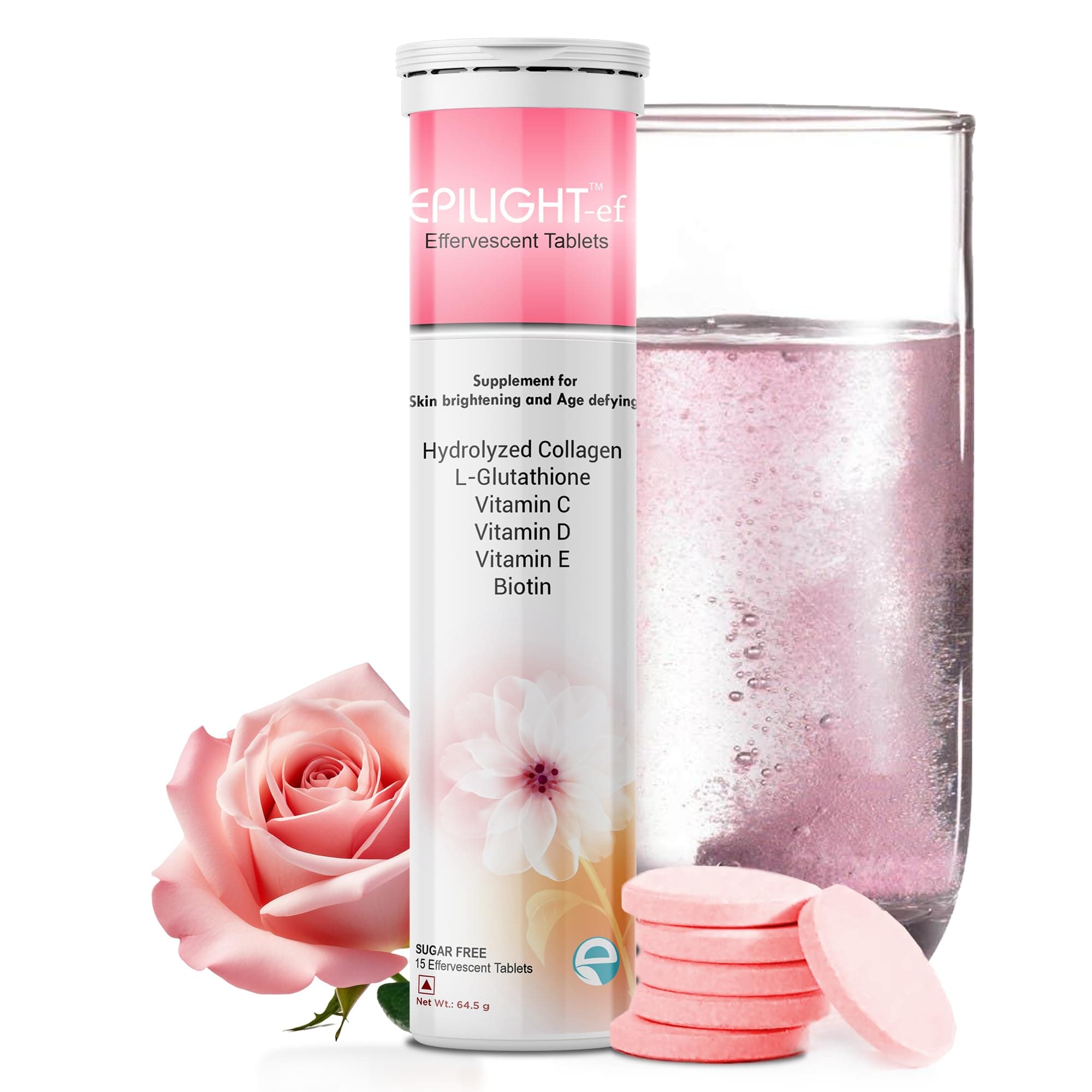 ef Hydrolyzed Collagen & L-Glutathione Effervescent Tablets - 15 Tablets (Pack of 1) | With Vitamin C, D, E, & Biotin | Skin Supplement, Anti-Ageing, Skin Firmness Glowing Skin