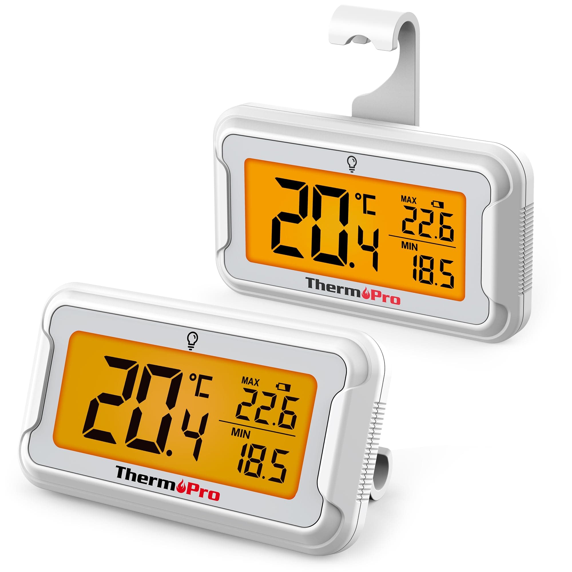 TP110 Fridge Thermometer with Large Backlit LCD Display, Waterproof Freezer Thermometer with Max/Min Record, Easy Battery Replacement, High Accuracy Refrigerator Monitor for Kitchen, 2Pack