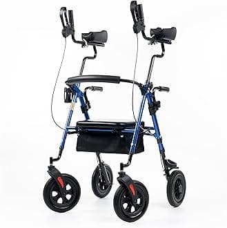 ELENKER Upright Rollator Walker, Stand Up Rolling Walker with 10’’Big PU Wheels and Adjustable Padded Armrests for Seniors from 4’8”to 6'4” (Blue)